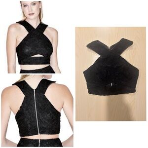 Marciano Black Floral Embroidered Halter Crop Top (Size 0) Satin Lined Zip Back